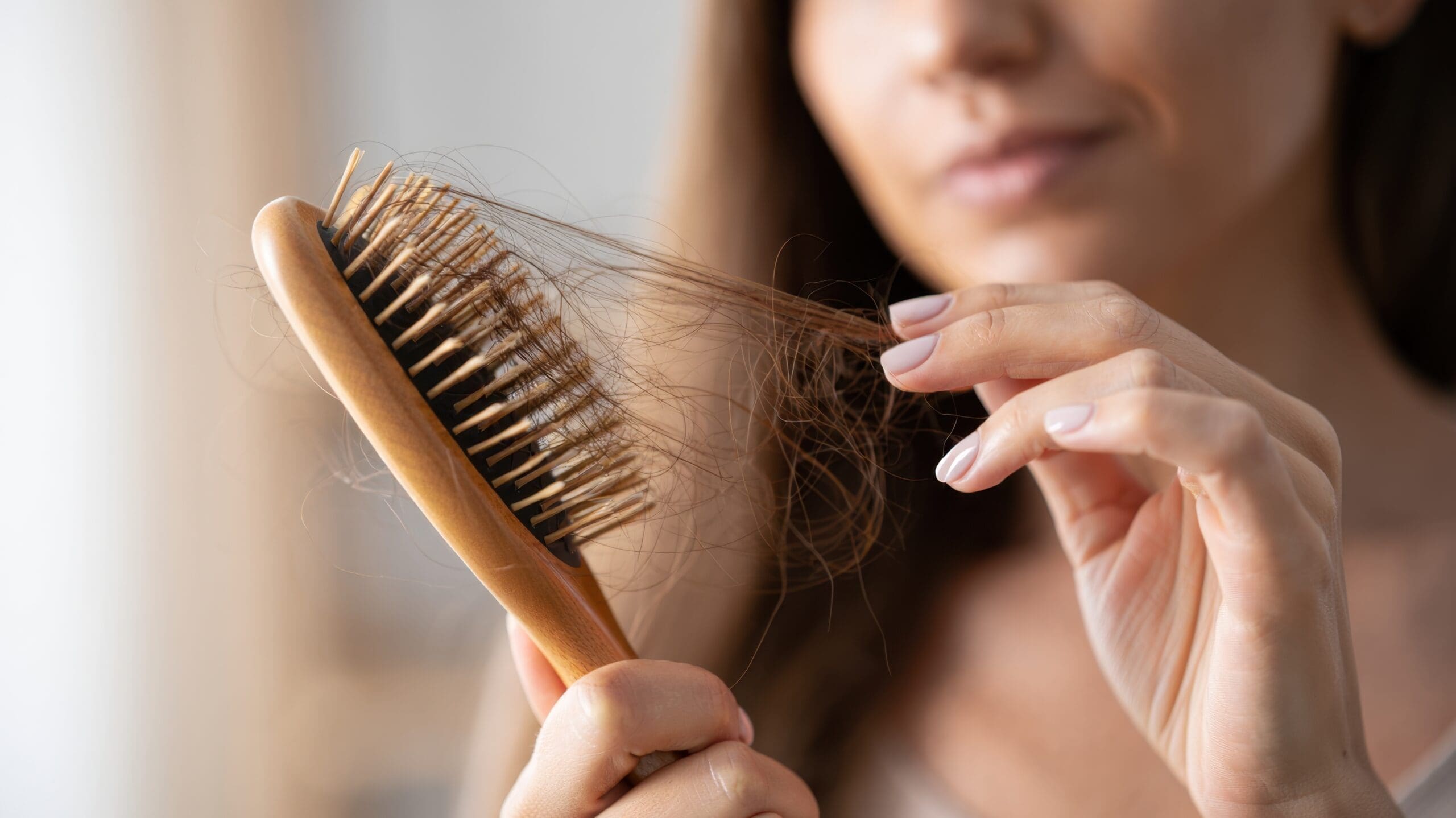 Woman examining shed hair collected on wooden brush, early signs of increased hair fall, monitoring strand breakage, trichology concern background, awareness of scalp health structural hair weakening